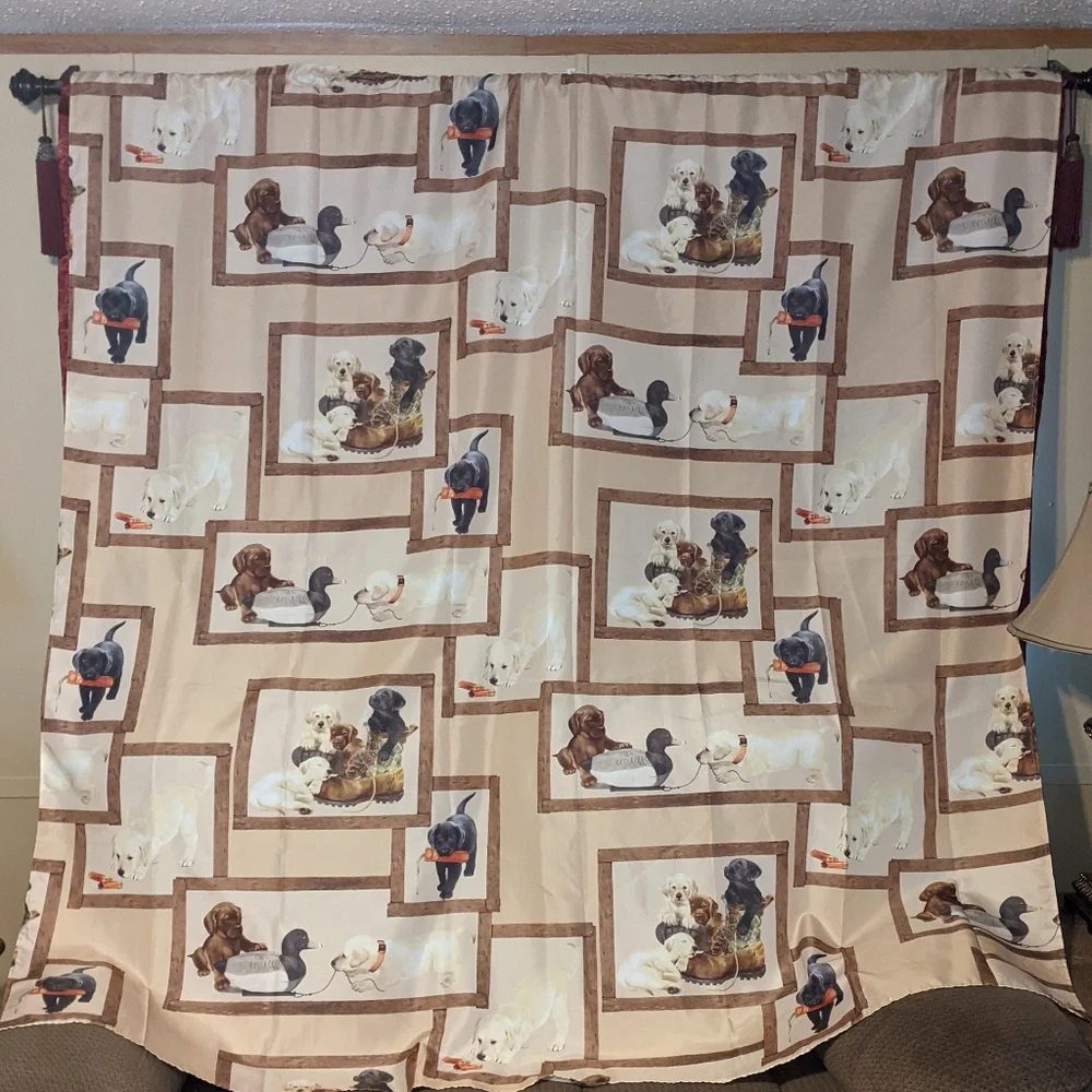 EUC Bacova Tan Shower Curtain w/Fun Retriever Puppies Design Sz 72